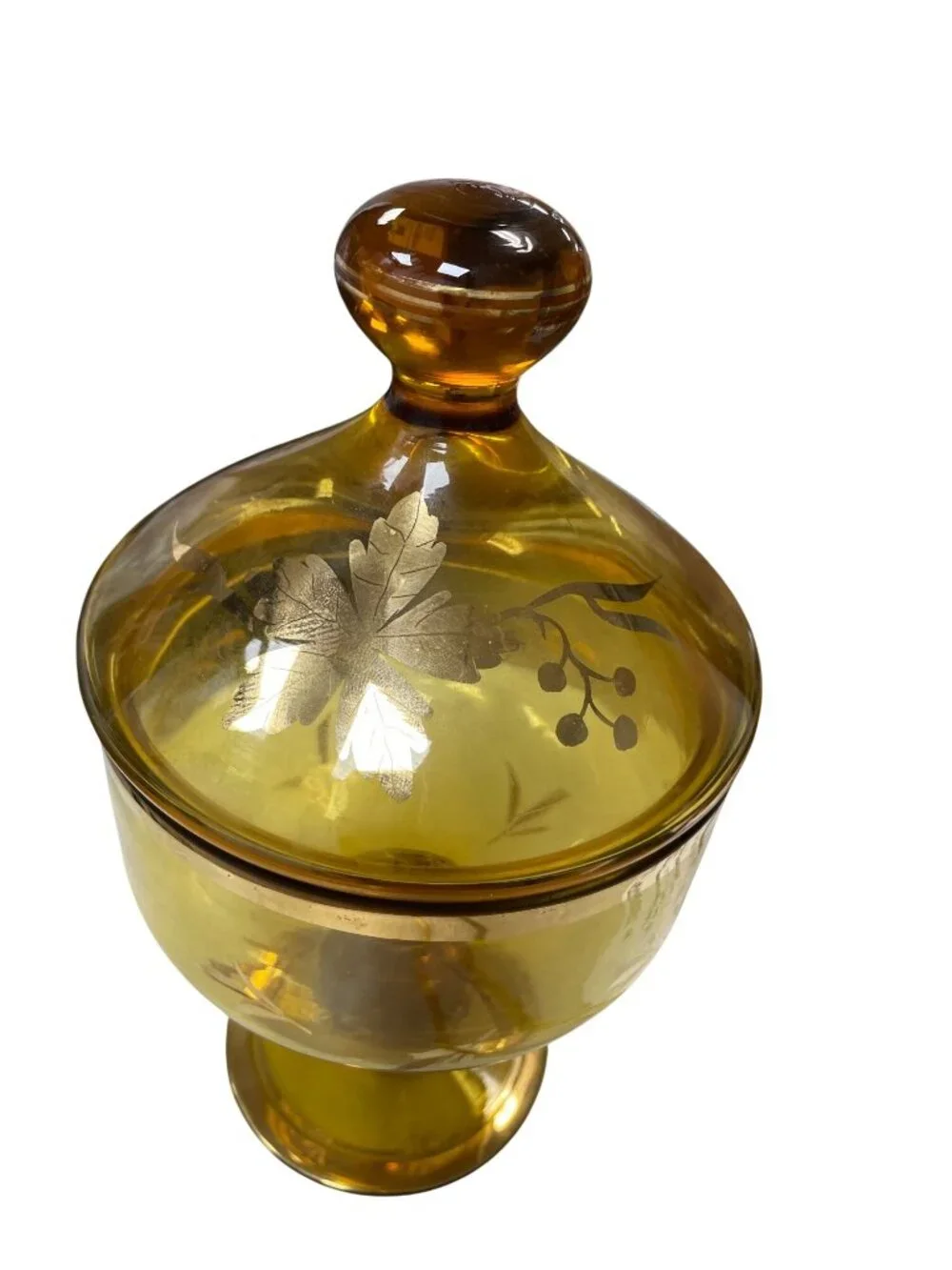 Romanian Vintage amber glass gold leaf pedestal candy dish SKU 140-814